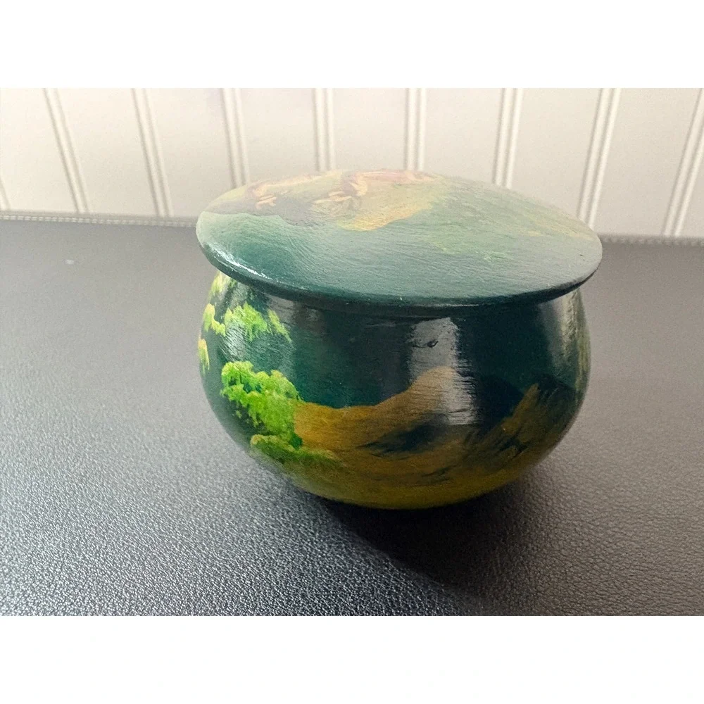 Vintage Hand Painted Wooden Trinket Box Llama Folk‎ Art Mountain Scene Round Lid